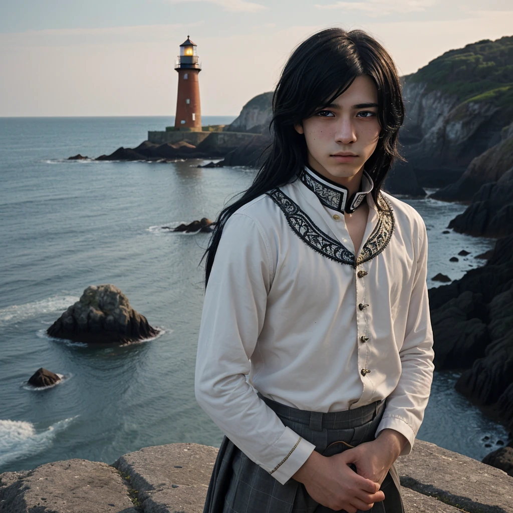 Create an image of a young anime boy with jet-black hair styled in a slightly tousled and layered manner, with a few loose strands falling over his forehead. He has expressive, large dark eyes with a hint of mystery and depth. His attire consists of a traditional, old-fashioned outfit with a high collar and intricate details reminiscent of classical European clothing.
The background should feature a scenic coastal landscape with a calm sea, a rocky shoreline, and an old lighthouse in the distance. The overall style should mimic an old painting, with a warm and muted color palette, visible brushstrokes, and a slightly textured canvas effect. The lighting should be soft, creating a serene and timeless atmosphere.