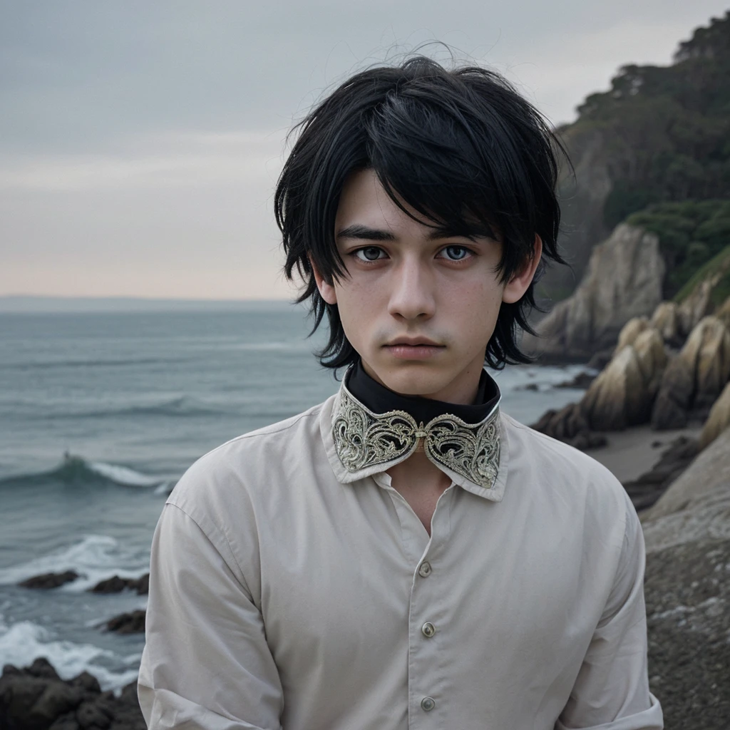 Create an image of a young anime boy with jet-black hair styled in a slightly tousled and layered manner, with a few loose strands falling over his forehead. He has expressive, large dark eyes with a hint of mystery and depth. His attire consists of a traditional, old-fashioned outfit with a high collar and intricate details reminiscent of classical European clothing.

The background should feature a scenic coastal landscape with a calm sea, a rocky shoreline, and an old lighthouse in the distance. The overall style should mimic an old painting, with a warm and muted color palette, visible brushstrokes, and a slightly textured canvas effect. The lighting should be soft, creating a serene and timeless atmosphere.

