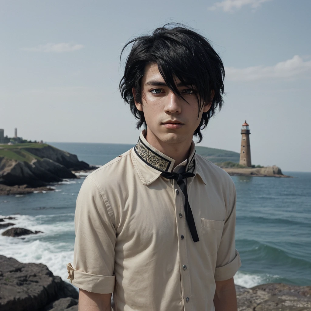 Create an image of a young anime boy with jet-black hair styled in a slightly tousled and layered manner, with a few loose strands falling over his forehead. He has expressive, large dark eyes with a hint of mystery and depth. His attire consists of a traditional, old-fashioned outfit with a high collar and intricate details reminiscent of classical European clothing.

The background should feature a scenic coastal landscape with a calm sea, a rocky shoreline, and an old lighthouse in the distance. The overall style should mimic an old painting, with a warm and muted color palette, visible brushstrokes, and a slightly textured canvas effect. The lighting should be soft, creating a serene and timeless atmosphere.


