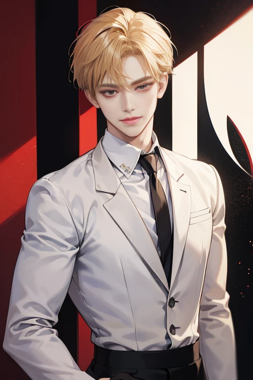Masterpiece, best quality, finely details, red eyes, short blonde hair, smirk facial expression, white shirt, elegant, black suit.
