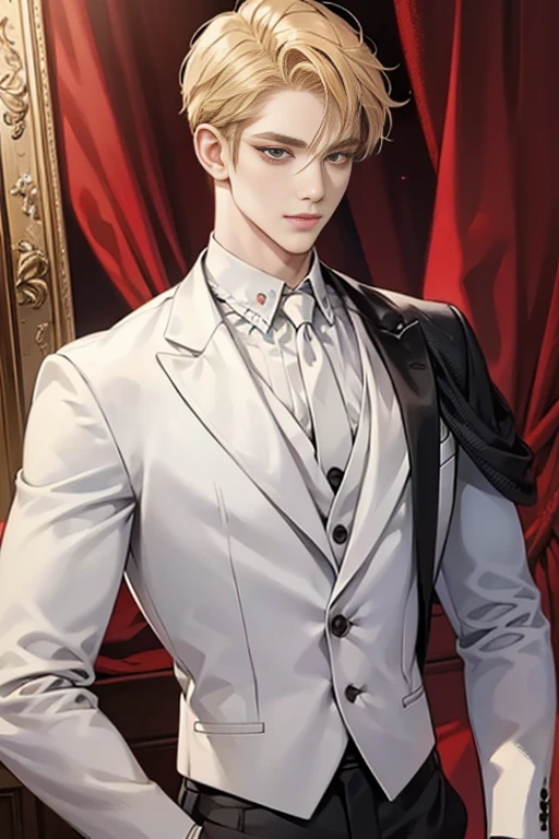Masterpiece, best quality, finely details, red eyes, short blonde hair, smirk facial expression, white shirt, elegant, black suit.