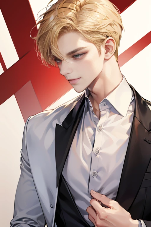 Masterpiece, best quality, finely details, red eyes, short blonde hair, smirk facial expression, white shirt, elegant, black suit.