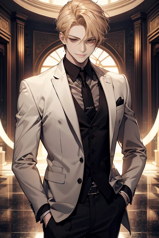 Masterpiece, best quality, finely details, red eyes, short blonde hair, smirk facial expression, white shirt, elegant, black suit.