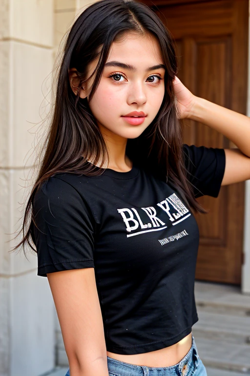 (photorealism:1.2), beautiful White american girl 1 woman with a seductive stare wearing a shirt with the written "blacked" on it
