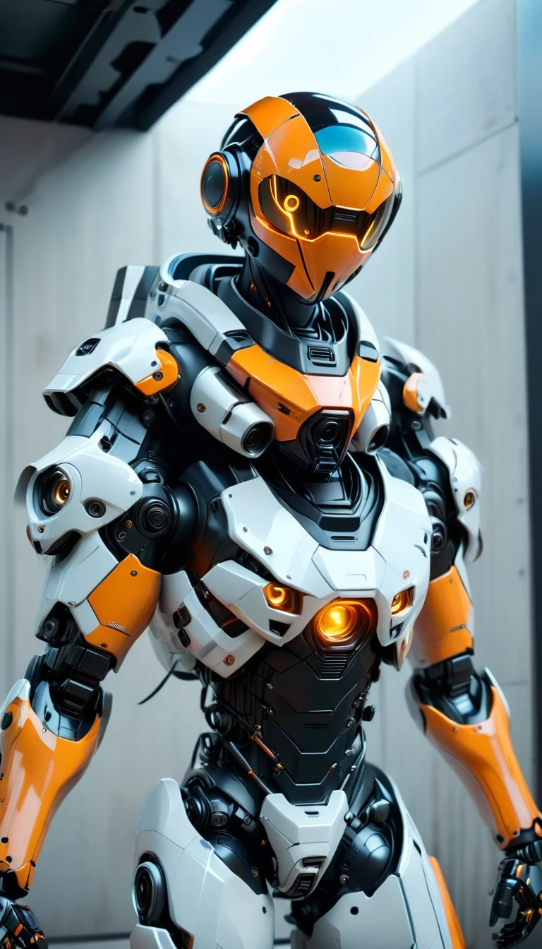 A cute, child-sized male A.I robot wearing a helmet with transparent eye coverings and only the mouth visible, in a pose of inviting someone in, body position facing the camera, A.I colors orange and black, full body display, plain white background, realistic , futuristic, 8k