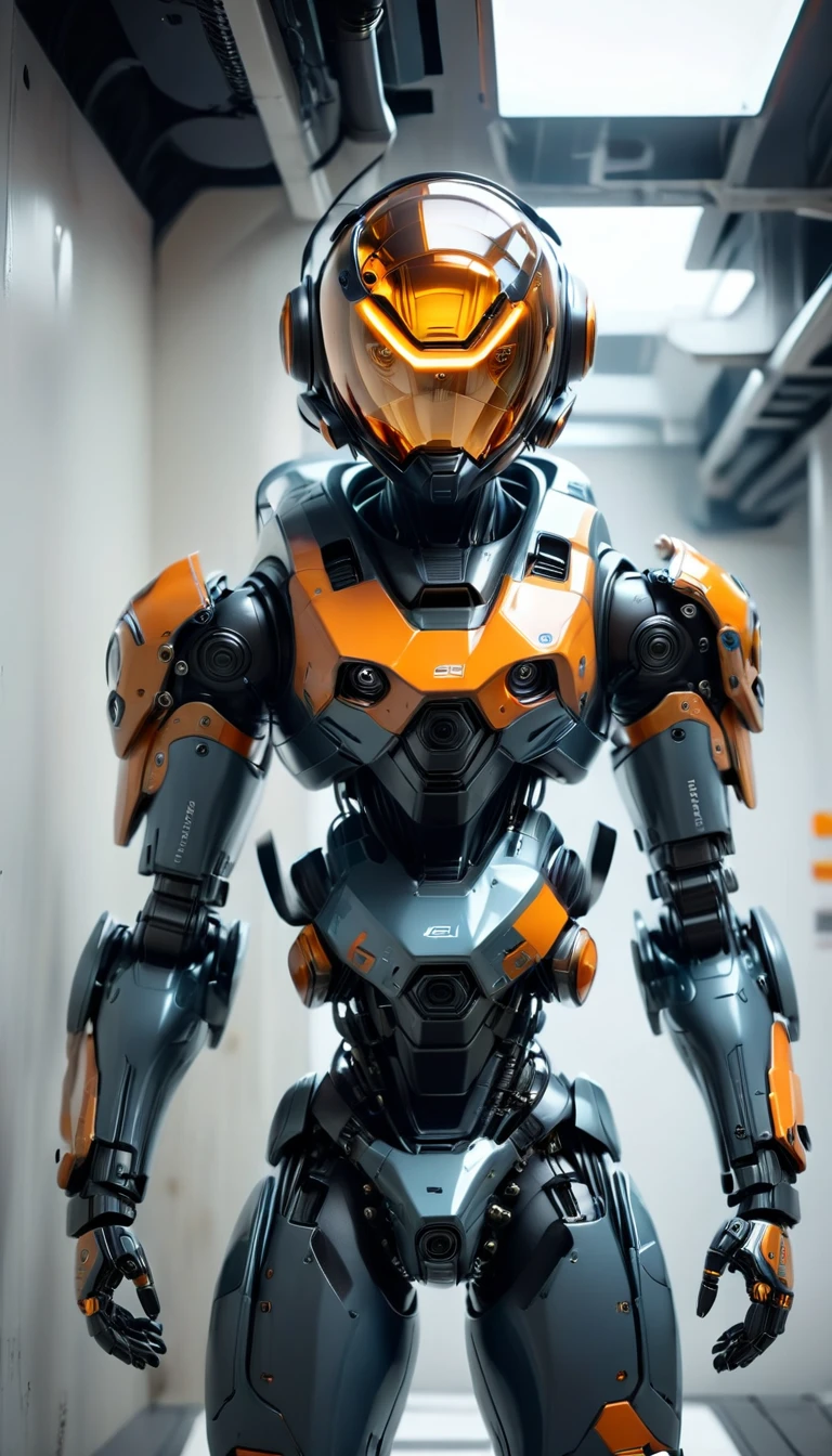 A cute, -sized A.I robot wearing a helmet with transparent eye coverings and only the mouth visible, in a pose of inviting someone in, body position facing the camera, A.I colors orange and black, full body display, plain white background, realistic , futuristic, 8k