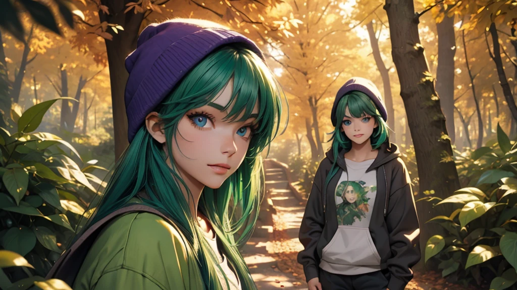 green-haired girl with a violet sweatshirt in an autumn forest, perfect eyes, cinematic lighting, expression of joy, work of art, ultra definition, half-length focus, pose on a corner of the image