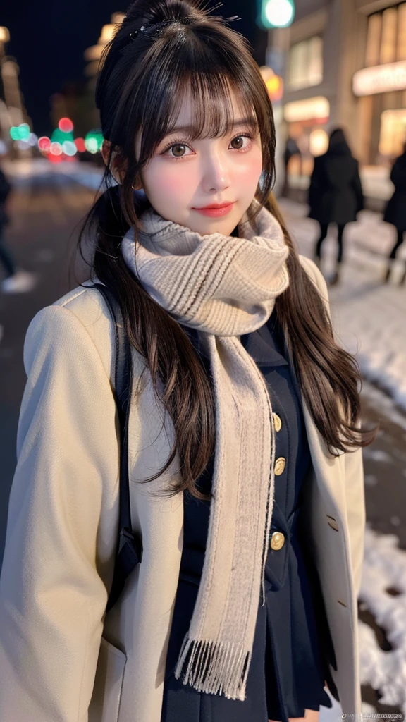 (Wearing a winter uniform and scarf coat、Close-up portrait of a long-haired girl with blunt bangs:1.4)、(A street corner on a snowy winter night and Christmas illuminations:1.2)、(Perfect Anatomy:1.3)、(No mask:1.3)、(Full Finger:1.3)、Realistic、photograph、Tabletop、Highest quality、High resolution, Delicate and beautiful、Perfect Face、Beautiful fine details、Fair skin、Real human skin、pores、((Thin legs))、(Black Hair, ponytail)