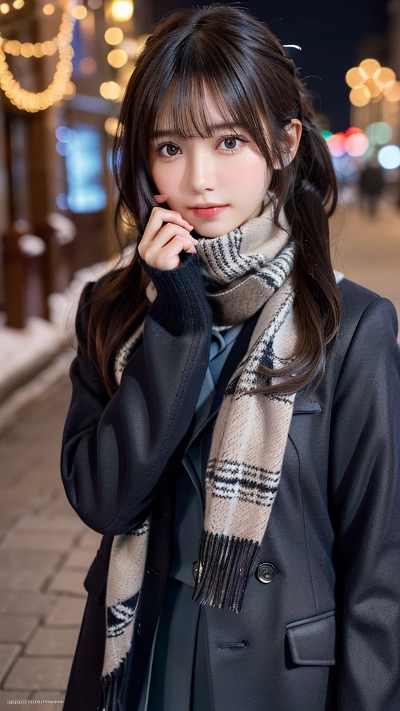 (Wearing a winter uniform and scarf coat、Close-up portrait of a long-haired girl with blunt bangs:1.4)、(A street corner on a snowy winter night and Christmas illuminations:1.2)、(Perfect Anatomy:1.3)、(No mask:1.3)、(Full Finger:1.3)、Realistic、photograph、Tabletop、Highest quality、High resolution, Delicate and beautiful、Perfect Face、Beautiful fine details、Fair skin、Real human skin、pores、((Thin legs))、(Black Hair, ponytail)