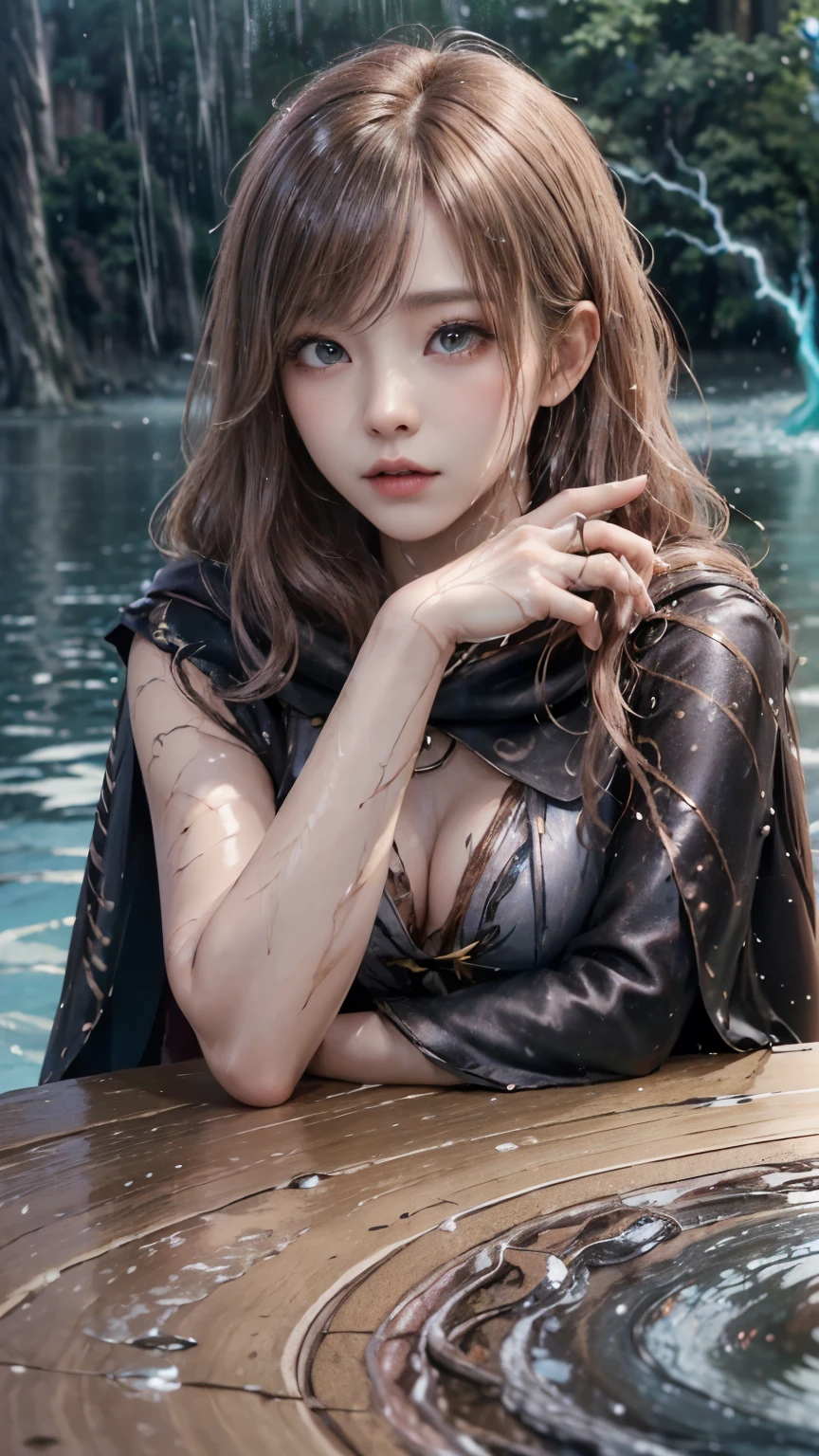 (skin dents:1.5), realistic, realistic, (table top:1.5), concept art, intricate details, very detailed, realistic, octane rendering, 8k, unreal engine, dynamic pose, highest quality, High resolution, (realistic face:1.1), (Ultra-realistic:1.1), ((full_body)), perfect eyes,(shiny skin:1.2), (((hairstyle))), (((Very detailed background of perfect hands), haunted island, ((dynamic background)), ((lightning)), (light), (1 girl), wearing a cloak, (((flowing cloak))), ((fine eyes, high quality eyes, high quality face)), long hair, (((flowing hairstyle))), 1 girl ((Control the water)), (((whirlwind of water))), Ocean, tsunami, magic, (create a dramatic, Depth of the bounds written, Bokeh, 4k, gothic, ((rain)), energy ball between hands