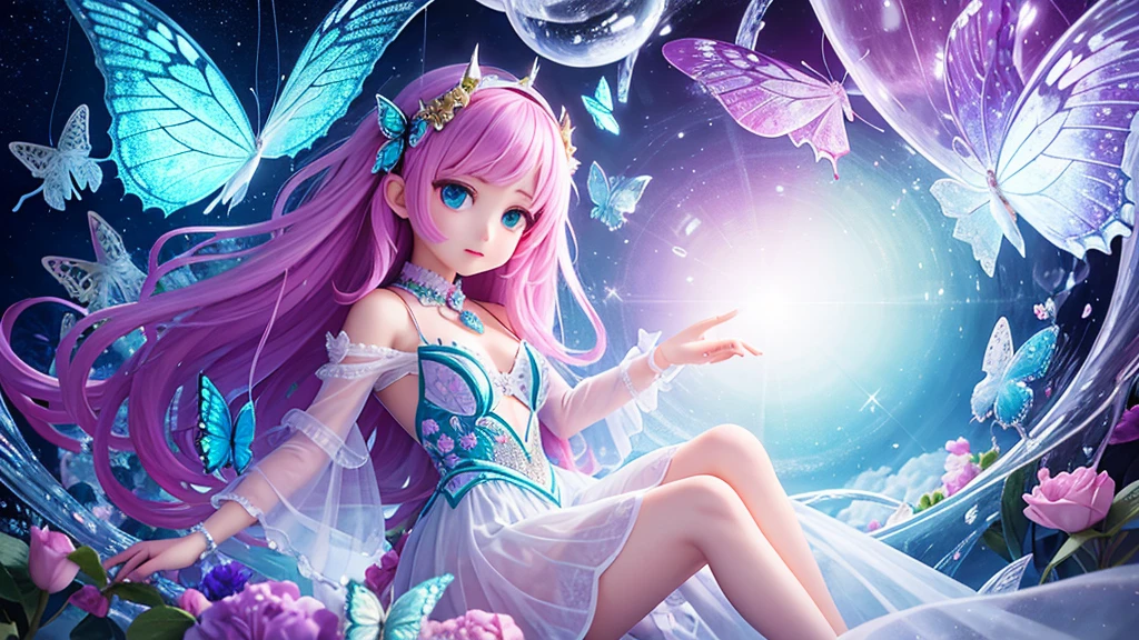 Surrealism、beautiful girl、butterfly、crystallization、Abstract art、empty、bubble、hologram、Minimum、Vintage、Soft lighting、Precision Dreams、Fantasy World