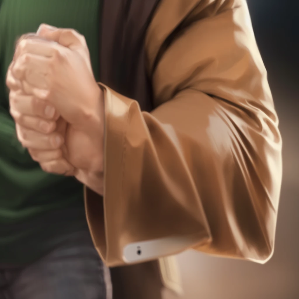 there is a man with a green shirt and brown jacket holding a cell phone, heavy gesture style closeup, closeup of arms, wearing brown jedi robes, photorealistic detail, cinematic detail, realistic depiction, realistic detail, hyper realistic detail, character art closeup, extreme realistic detail, an ultra realistic, blurred detail, hyperrealistic details, extra realistic details, dynamic closeup