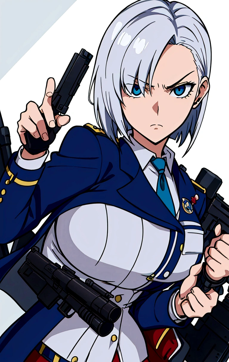 anime girl in uniform holding a gun and pointing it at the camera, officer, policewoman, Trigun Stampede style, short hair, straight hair, Viper | Valorant, Jane | Alchemy Stars, White Shirt, blue blazer, thicc, casual pose, 
a-1 pictures, high quality fanart, portrait n - 9, 