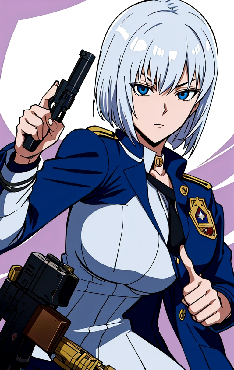 anime girl in uniform holding a gun and pointing it at the camera, officer, policewoman, Trigun Stampede style, short hair, straight hair, Viper | Valorant, Jane | Alchemy Stars, White Shirt, blue blazer, thicc, casual pose, 
a-1 pictures, high quality fanart, portrait n - 9, 