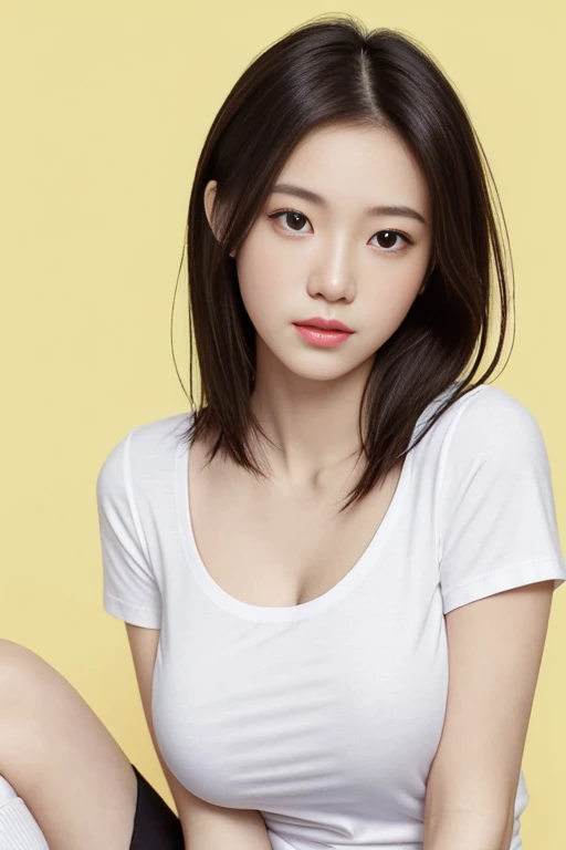a gorgeous 18-year-old Asian girl, detailed face, round eyes with long lashes, short bob hair, serene expression, dramatic lighting, magical, photorealistic, ultra-detailed, highest quality, centered composition, f/1.8 aperture, 85mm lens, tight white T-shirt, black mini-skirt, sneakers, high socks, simple yellow background, well-endowed round bosom
