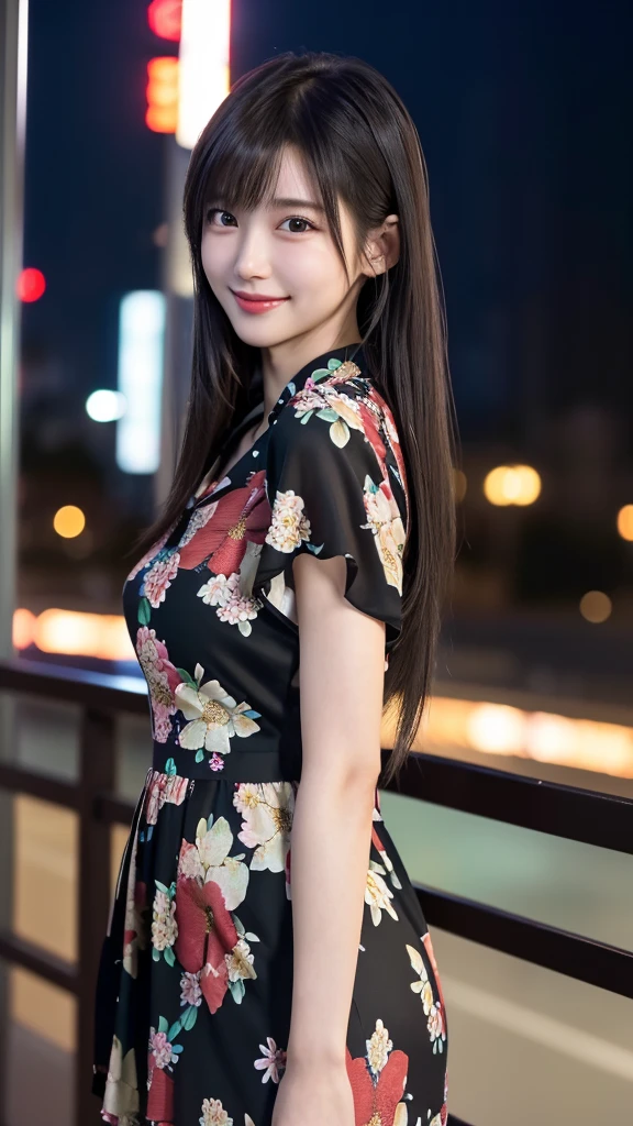 1 Japanese girl,(Floral dress:1.4), (RAW Photos, Highest quality), (Realistic, Photorealistic:1.4), Very delicate and beautiful, Very detailed, 8k wallpaper, wonderful, In detail, Very detailedなCG Unity, High resolution, Soft Light, Beautiful and detailed 19 year old girl, Very detailedな目と顔, Beautifully detailed nose, Beautiful fine details,Cinema Lighting,City lights at night,Perfect Anatomy,Slender body,smile (My hair is messy, Asymmetrical bangs, Black Hair,semi-long)