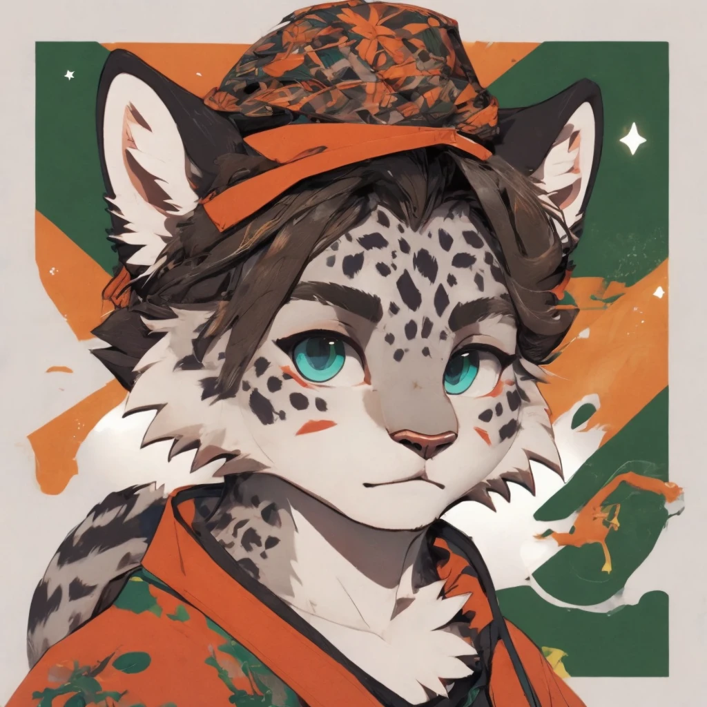 Snow leopard, Furry, white wool, cat tail, red shirt,headshot, green star background