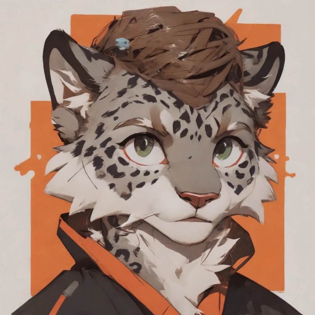 Snow leopard, Furry, white wool, cat tail, red shirt,headshot, green star background
