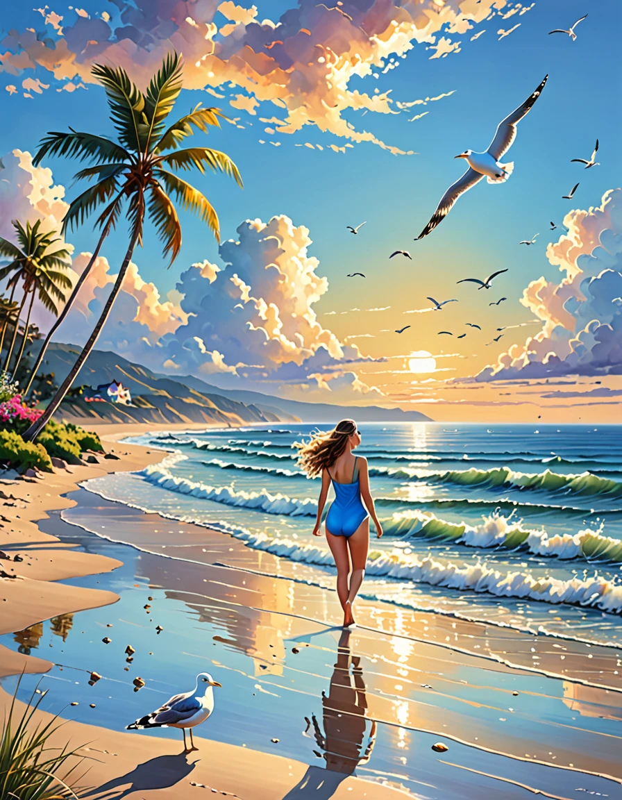 best quality,ultra-detailed,realistic:1.37,seaside landscape,beautiful girl,(((blue moment))),peaceful atmosphere,golden sunset,gentle waves,seagulls flying,soft sand,curved coastline,serene horizon,seashells,seaweed swaying,swimsuit-clad figure,playful smile,carefree expression,wind-blown hair,barefoot,water reflecting the sky,sunlit clouds,distant ships,seagull's call,crashing waves,splashes of water,tranquil scene,isolated beach,palm trees lining the shore,cool breeze,rocks protruding from the water,shimmering reflection on the wet sand,bright colors,blues and pastels,dreamy atmosphere,romantic setting,peaceful escapism,serenity in nature,lone seagull soaring in the sky,calmness enveloping the surroundings,tranquil beauty.
