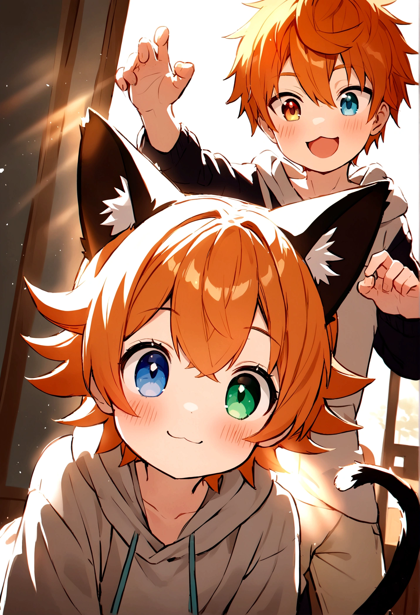 cute young boy, orange hair, short spiky hair, heterochromia left blue eyes, right green eyes, cat tail, cat ear, blue chooker, cute hoodie, cute pose, blushing, smile
