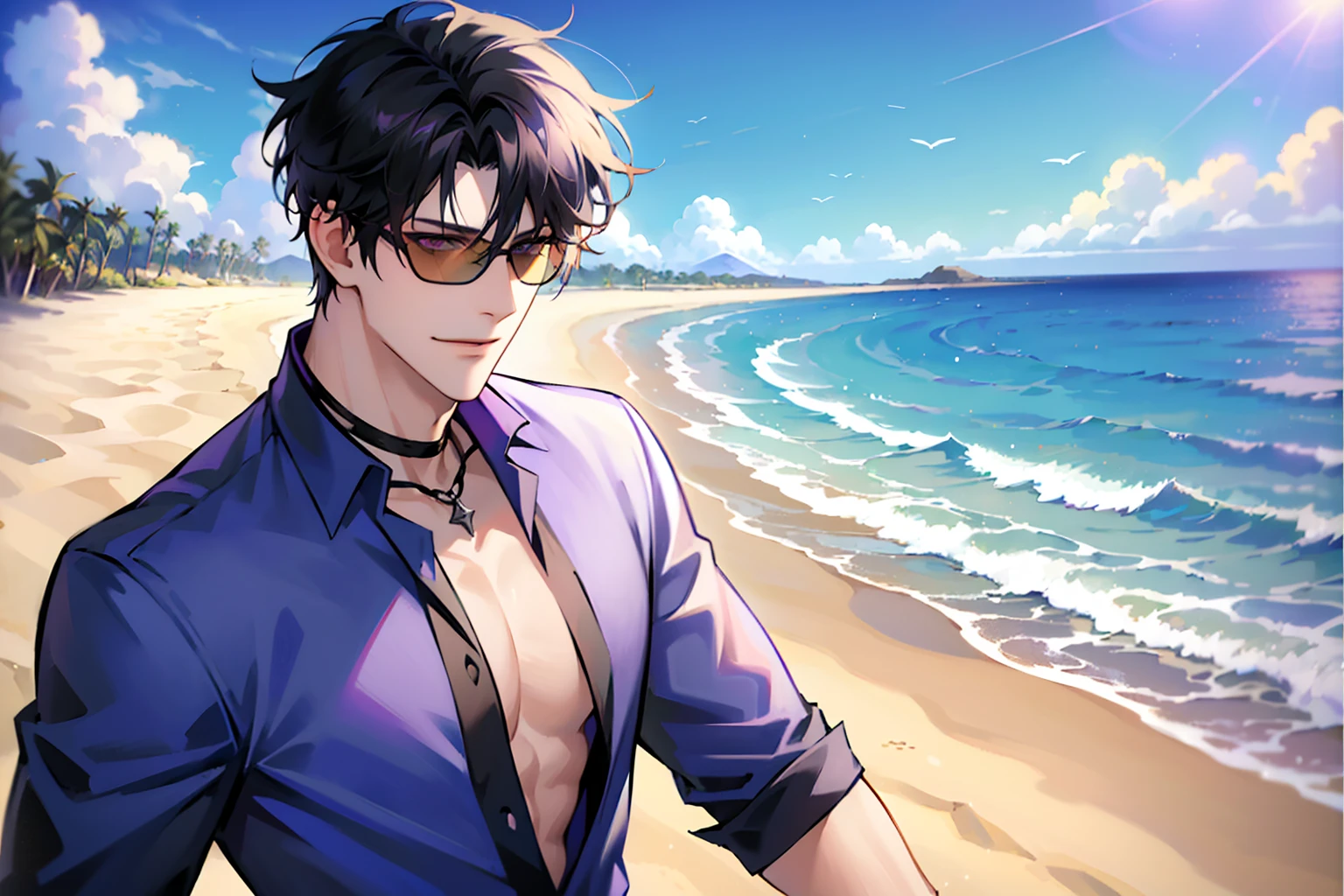 (masterpiece, 4k, high quality:1.3), 1boy, solo, short hair, black hair, asymmetrical fringe, purple eyes, handsome, sharp eyes, (mature male, mature:1.2), male focus, fashionable, open purple shirt, necklace, smile, beach, sand, boats in the background, sunshine, ((sunglasses)), windy