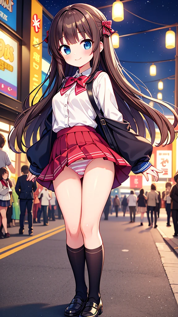 {Highest quality], [Super beautiful], [Ultra fine], [Best illustration], NSFW,Brown Hair, Hime cut, Long Hair, With bangs, girl,high school student,uniform,knit,skirt,smile, blush, Slender women, Adult women,Standing posture,(Public),Night Park,Summer festival,diagonal, Navy blue knee socks,Black Loafers、Stripes々
Panties、Skirt fully visible