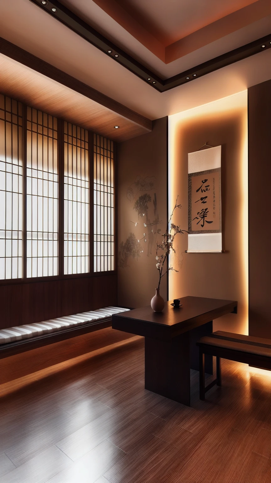 There is a room，There is a bench and a table inside, modern Japanese living room, in a Japanese apartment, Inspired by Ito Jakuchu, Wall hanging scroll, Inspired by Dongyang Sesshu, Japanese influences, with Japanese inspiration, Japanese style, Traditional Korean interior decoration, Japan. Volumetric Lighting, Japanese house, Japanese design