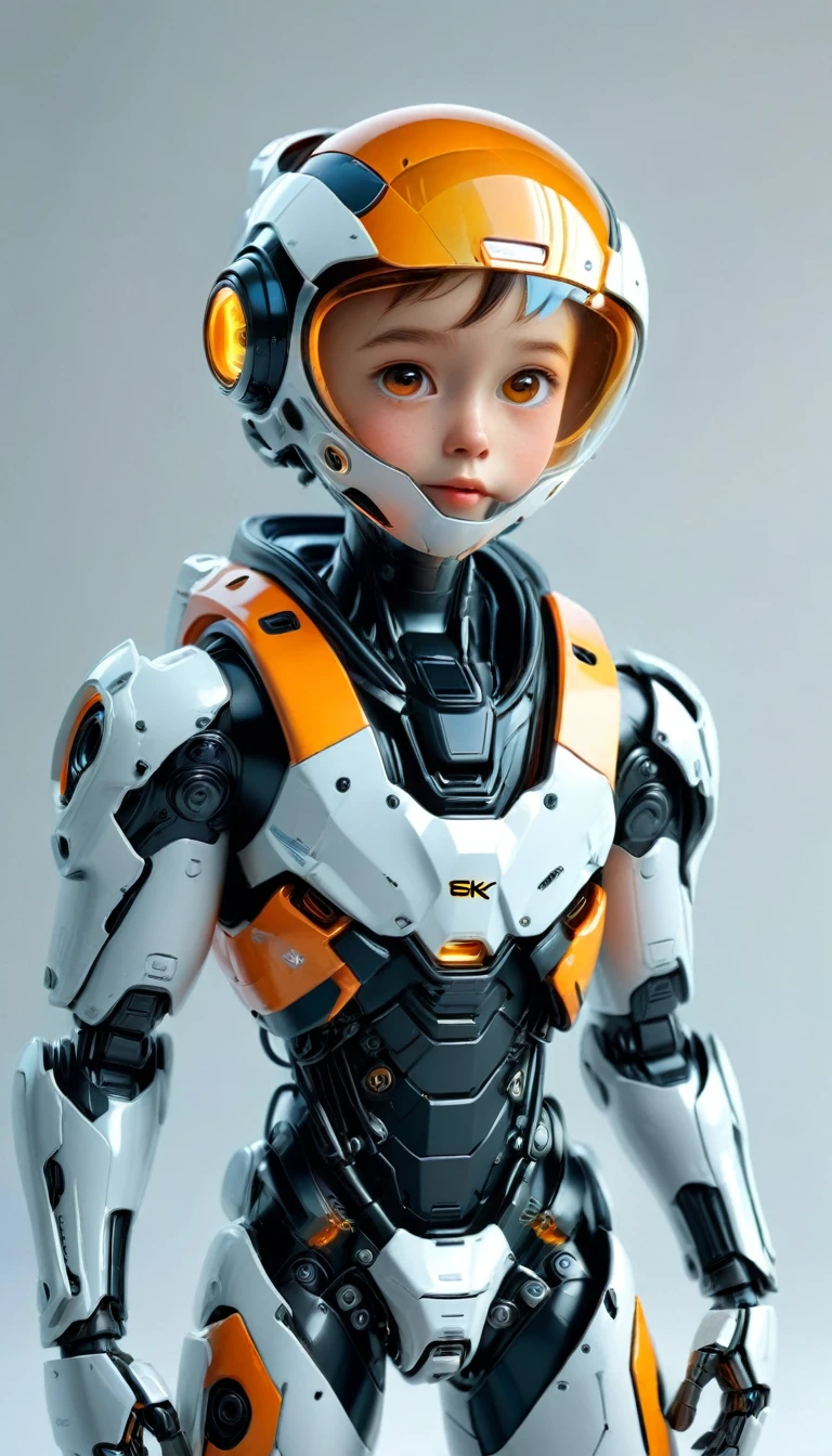 A cute, -sized A.I robot wearing a helmet with transparent eye coverings and only the mouth visible, in a pose of inviting someone in, body position straight facing the camera, A.I colors orange and black, full body view, plain white background , realistic, futuristic, 8K