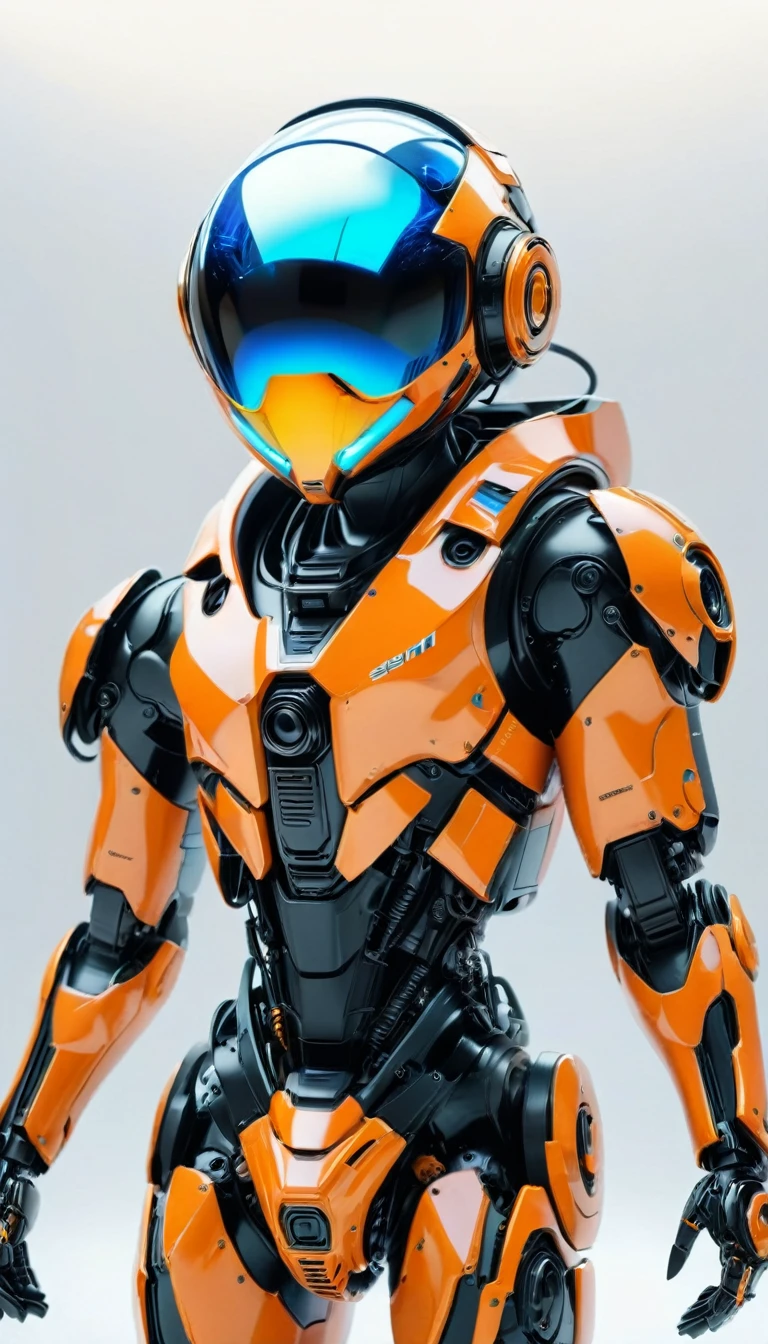 A cute, child-sized male A.I robot wearing a helmet with transparent eye coverings and only the mouth visible, in a pose of inviting someone in, body position straight facing the camera, A.I colors orange and black, full body view, plain white background , realistic, futuristic, 8K