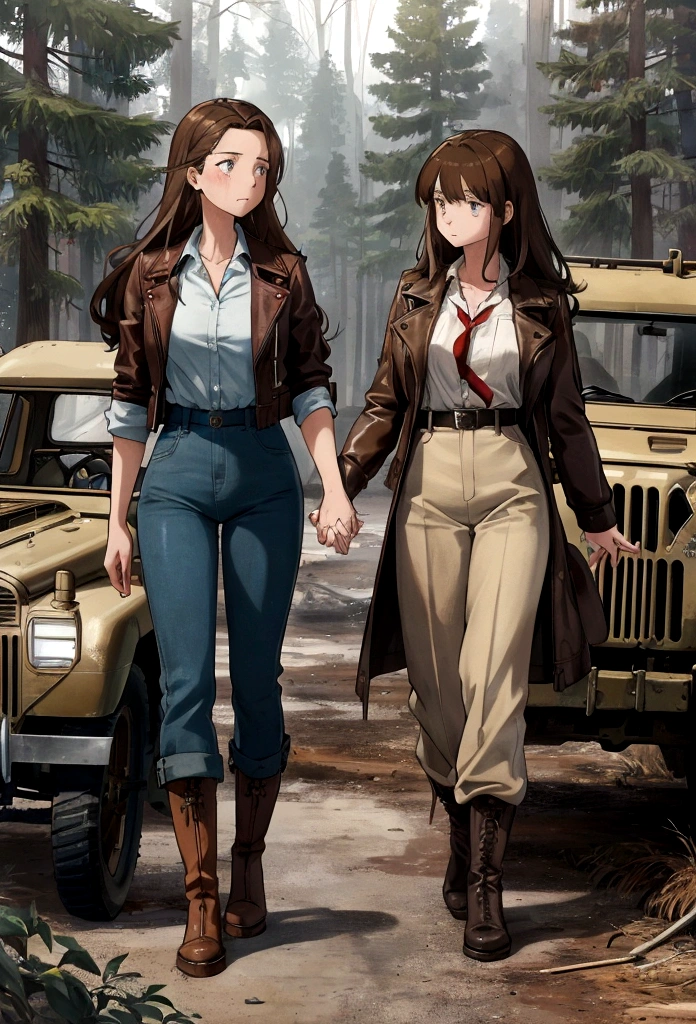 A heartbreaking anime illustration style depicting two women in love in the middle of a desolate war-torn forest. The first woman, with long dark hair, wears a gray shirt, dark 1940s pants, and boots. She is facing the second woman, who has British features, brown hair and is dressed in a brown leather jacket, pants and a red 40's style shirt. She is holding the first woman's arms hoping she will come to her senses. . Her eyes are full of sadness as they stand next to a war-ravaged jeep. The title, "Uranus 2324", is written in bold and gold, 1940s war style, evoking a sense of longing and loss
