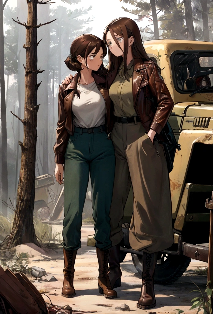 ((1 woman with brown hair,((medium breasts, bare breasts, erect breasts)),((brown pants, no blouse, bracelet, with boots, belt with a glue)),((brown eyes, happy face)), ((walking, facing the viewer)), in a forest with a view of a haunted city, at night)),