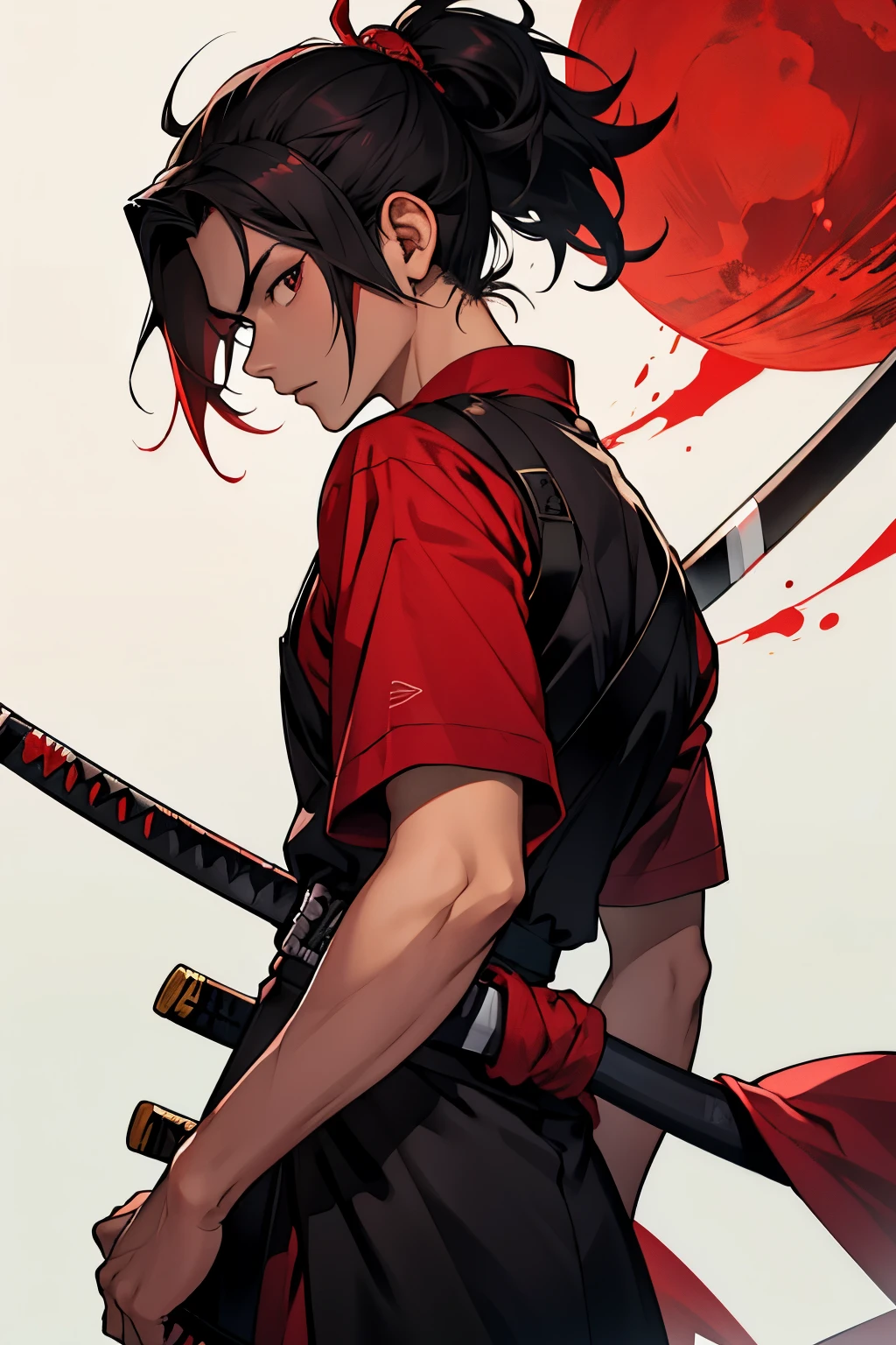 Tanjiro, rambut merah, katana hitam, background merah, bulan purnama