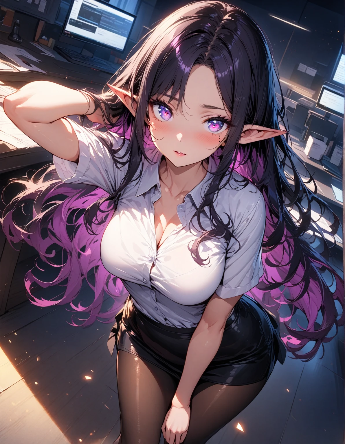 ((highest quality, best quality, masterpiece, ultra high definition, high dynamic range, ultra high resolution)), ((ultra-detailed illustrations:1.2)), 1 girl, solo, anime style, dynamic lighting, dynamic angle, looking at viewer, indoor, office, (beautiful detailed face, beautiful detailed skin, shiny skin, pointed ears, mole under the eyes, mid-chest), (beautiful detailed hair, parted bangs, long hair, black hair, dark purple hair, multi colored hair), (beautiful detailed eyes, beautiful detailed pupils, violet eyes), (white shirt, collared shirt, short sleeves, black mini skirt, pantyhose)