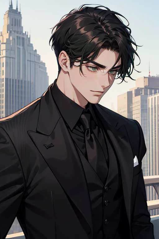 ((a young man in a black suit and tie)), taken in the early 2020s, gotham, alejandro, he looks very sophisticated, (((left side swept bang black short hair))), (dark green eyes and thick eyebrows), smirk. ((20 years old)), ((Black suite and black tie)), masterpiece, posture dynamic, one person