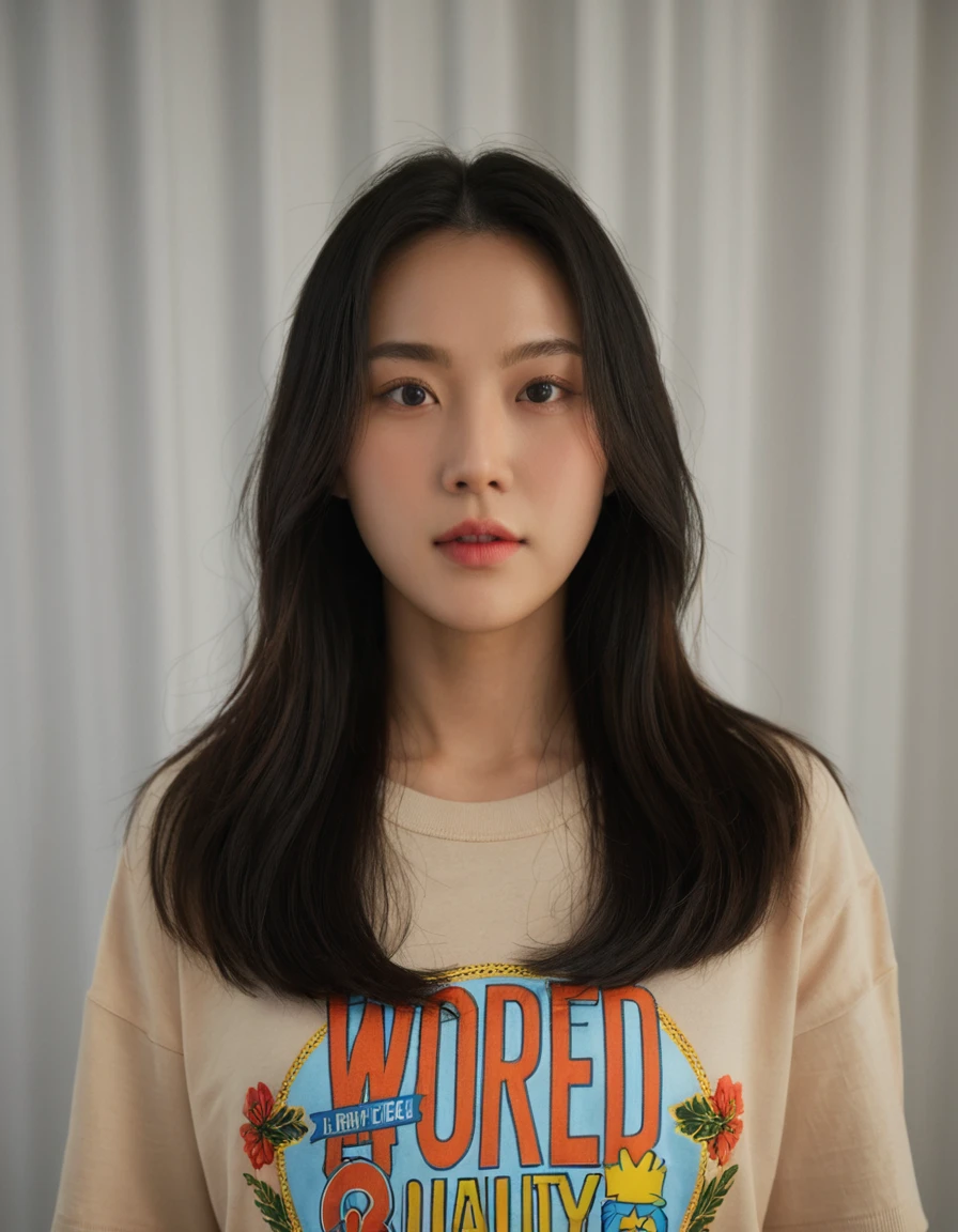 Best Quality, 8k, Masterpiece, (Portrait: 1.3), (photo realistic:1.4), (hyper realistic:1.4), Sharp Focus, looking at viewer, (smoother lighting:1.1), (increase cinematic lighting quality:0.9), realistic lighting, backlighting, light on face, ray trace, (brightening light:1.2), (Increase quality:1.4), sharp detail, (best quality real texture skin:1.4), finely detailed eyes, black_eyes, finely detailed face, 25 year old Korean woman, (beige t-shirt:1.4), (Create an image maintaining the original base model hairstyle:1.5)