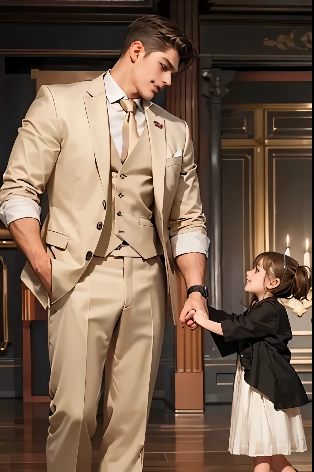 ((1 man and 1 little girl)),suit,handsome,the little girl is very short,standing in the room,smiling,looking at each other,tall figure,masterpiece,wide angle,romance,kiss,sexual relationship,