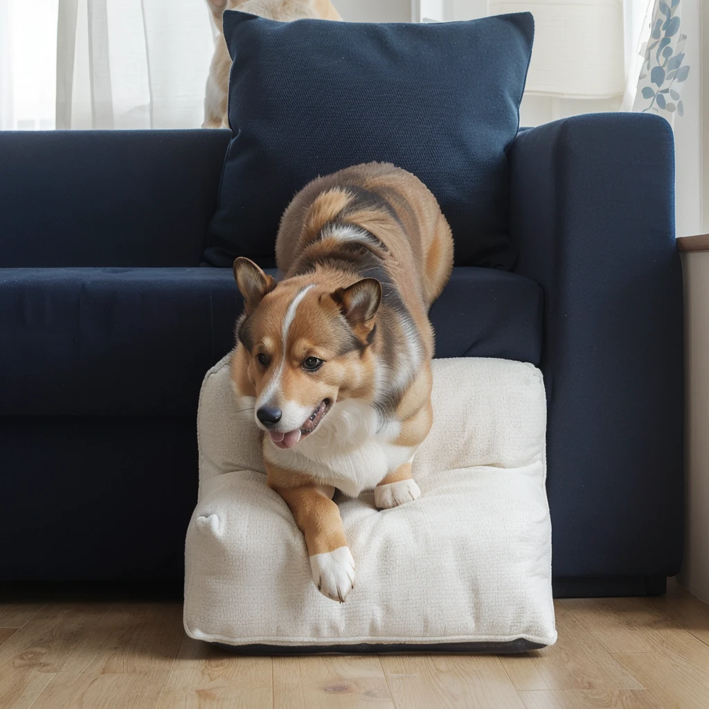 there is a dog that is standing on a cushion on the floor, Corgi, half dog, dog, cute Corgi, small dog, Walk down the stairs,加深米色dog楼梯的层次,High-end,Adding light,Natural light and shadow,Bright sunlight shines in,High-end的产品图,Change the blue sofa to light brown,Japanese style home environment