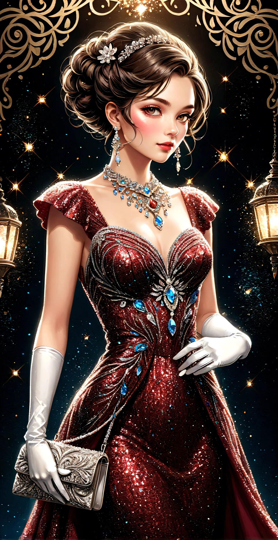 illustration of a woman with glitter dark red evening dress, (white long gloves), large necklace with diamonds, earrings, (Small brightly coloured bag with intricate beaded pattern), up-do hairstyle, 
At the entrance to the party venue, 
Vivid contrasts, Gentle touch rendering, Accurate detail, high detail, Precision, High quality oil painting, Stunning beautiful touch rendering, Fantasy, (full_body shot)