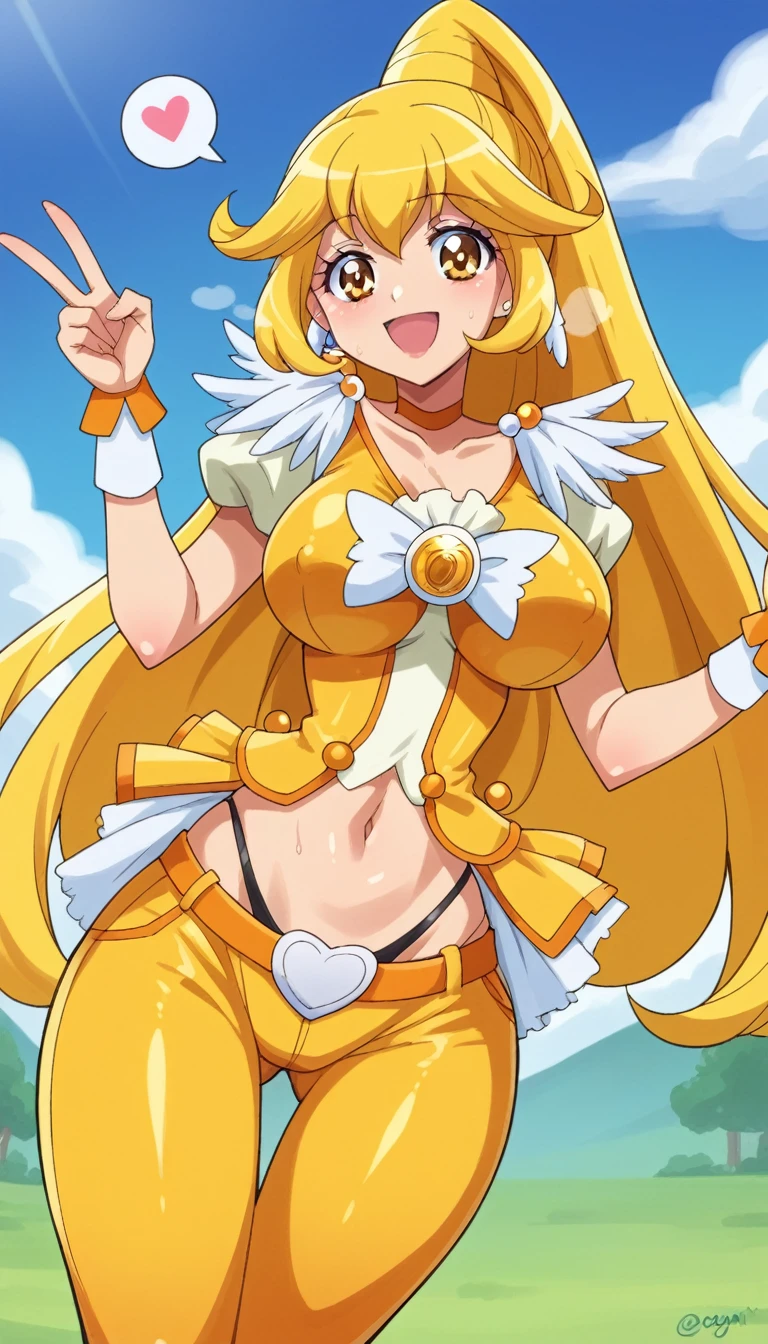 score_9, score_8_up, score_7_up, outdoor,
BREAK
source_anime, 
BREAK
1girl, curepeace, yellow hair, elect big nipple, huge breasts, happy, spoken heart, 
navel, skin tight, thong,
tall, leggy, glistened skin, oiled skin, shiny skin, heavy breathing, wide hips, tight waist, thick thighs,
contrapposto,
looking_at_viewer,