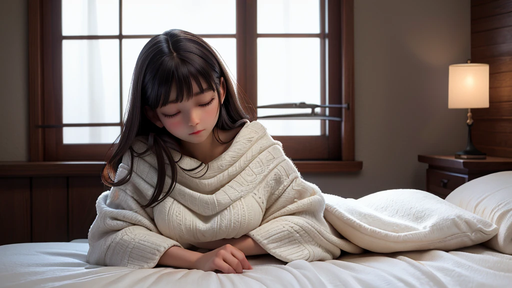 A young woman peacefully sleeps on a bed, her serene face illuminated by soft moonlight filtering through the window. Her delicate features are relaxed, and her gentle breathing creates a sense of calm. She is covered with a cozy, light blanket, her hair cascading over the pillow, blending seamlessly with the fabric. The room is tranquil, with subtle shadows adding depth to the scene, emphasizing the warmth and comfort of her restful slumber.