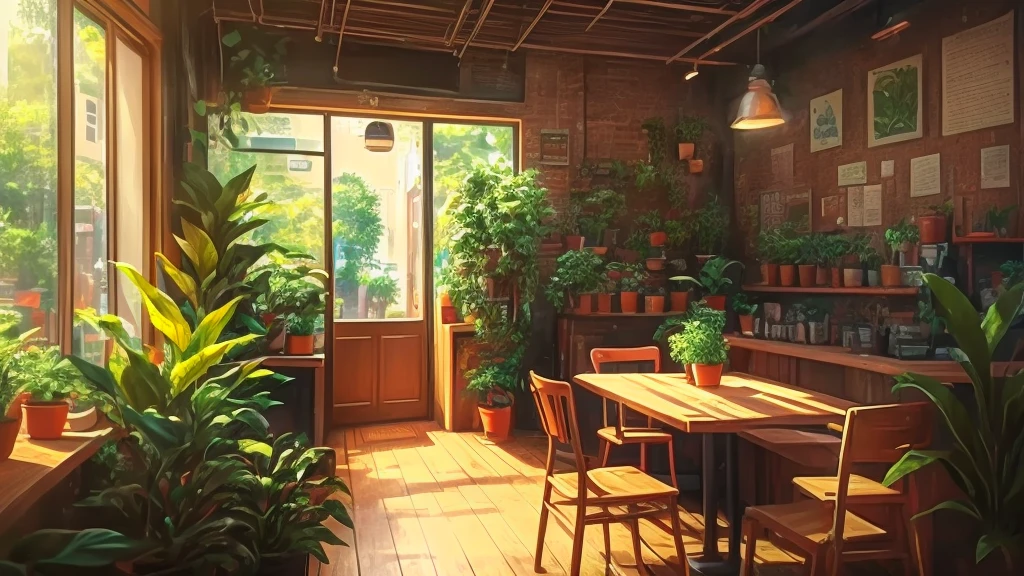 There is a room with lots of plants and a table., Cozy cafe background, praise artstyle, Lo-fi illustration style, praise aesthetic, praise art, Relaxing concept art, Anime Background Art, praise hip hop, room full of plants, praise feel, praise vibes, praise, coffee shop, Chill Hop, Lo-fi art