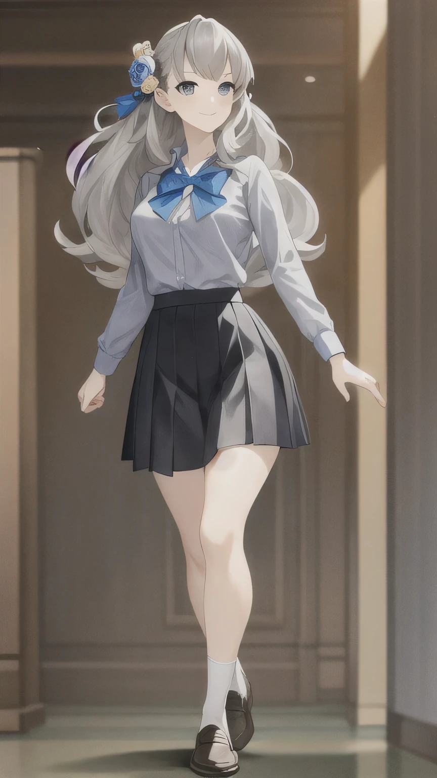 masterpiece, best quality,fuyusaka iori 1, 1girl, solo, hair flower, white shirt, skirt, pleated skirt, black skirt, shoes, hair ornament, flower, long hair, full body, socks, grey hair, white flower, grey eyes, outline, looking at viewer, highly detailed school library background, middle breast, smile, shameful face, slander, straight on, standing, , loafers