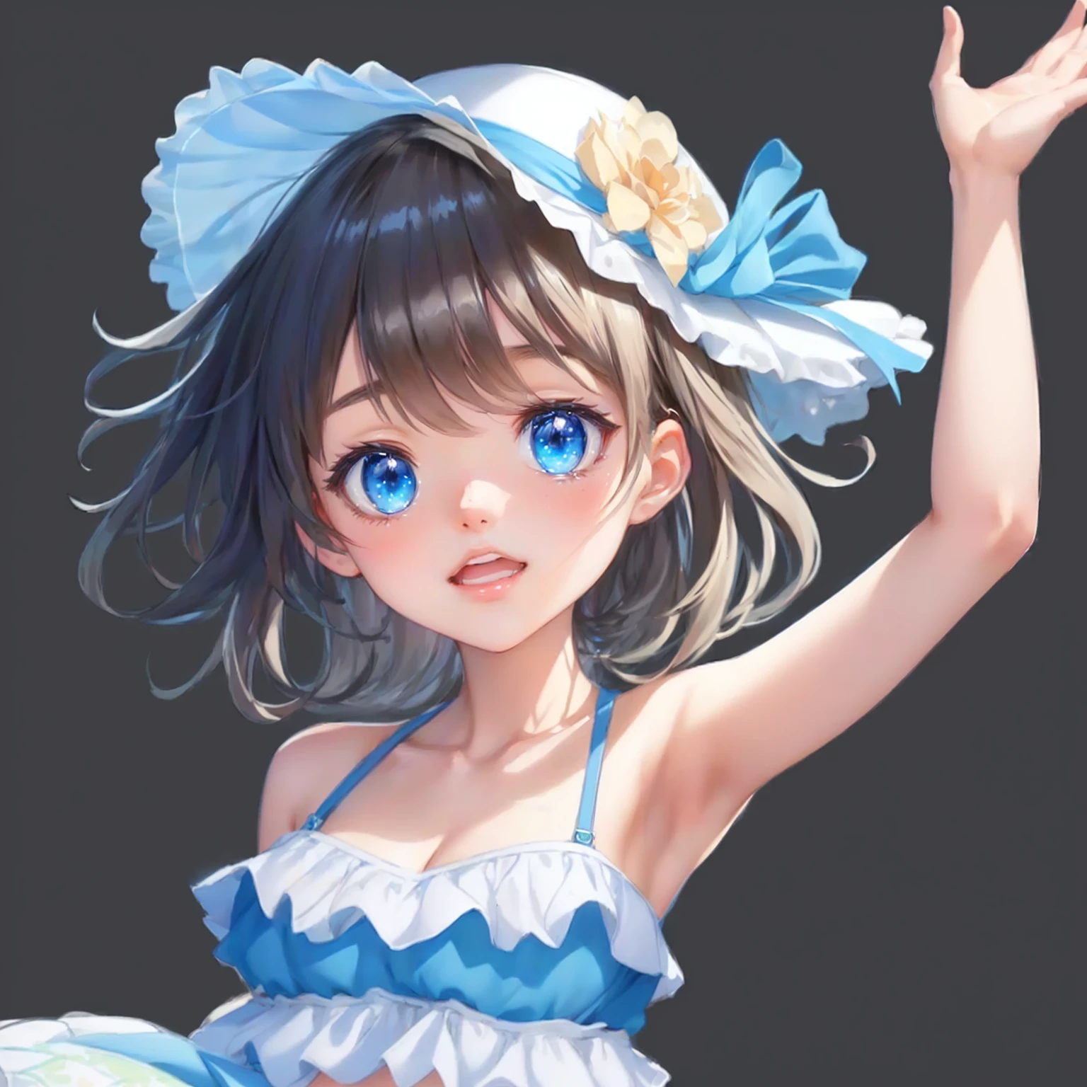Wearing a blue dress、Wearing a white hat、anime girl with blue eyes, splash art anime Change, Smooth anime CG art, Change in dress, , Detailed digital anime art, Anime cute art style, Change, Cute anime girl in a beautiful skirt, Kawaii realistic portrait, Extremely detailed Artgerm, April Rendering, Popular on cgstation