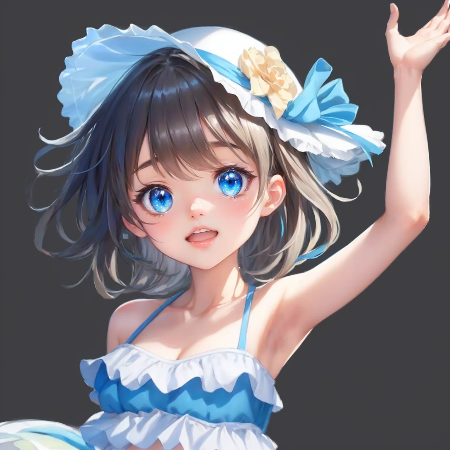 Wearing a blue dress、Wearing a white hat、anime girl with blue eyes, splash art anime Change, Smooth anime CG art, Change in dress, , Detailed digital anime art, Anime cute art style, Change, Cute anime girl in a beautiful skirt, Kawaii realistic portrait, Extremely detailed Artgerm, April Rendering, Popular on cgstation