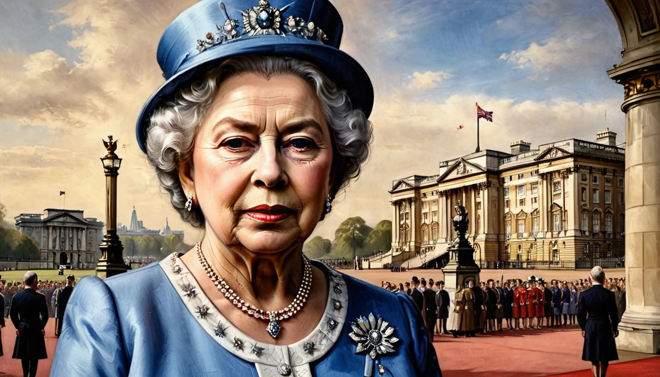 An oil painting of Queen Elizabeth II standing in front of Buckingham Palace. Dramatic light.