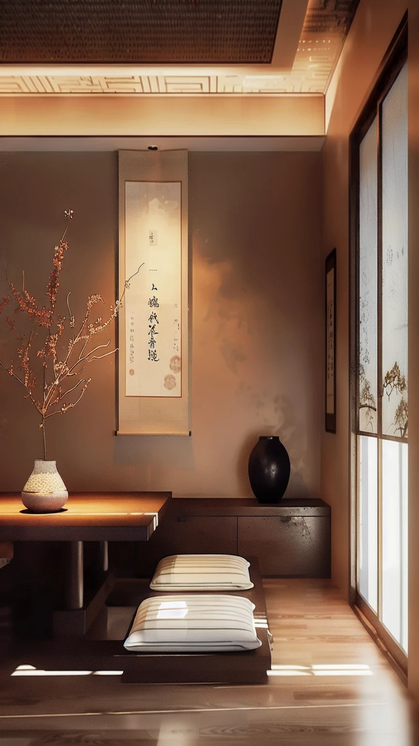 There was a vase on the table in the room，There are flowers inside, Asian Interior Decoration, Wall hanging scroll, modern japanese living room, japanese inspired, with japanese inspired, Japanese style painting, Japanese style, Quiet and peaceful atmosphere, Traditional Korean interior decoration, Japanese influence, Calm and peaceful atmosphere, Vray rendering, Rendering in VRay