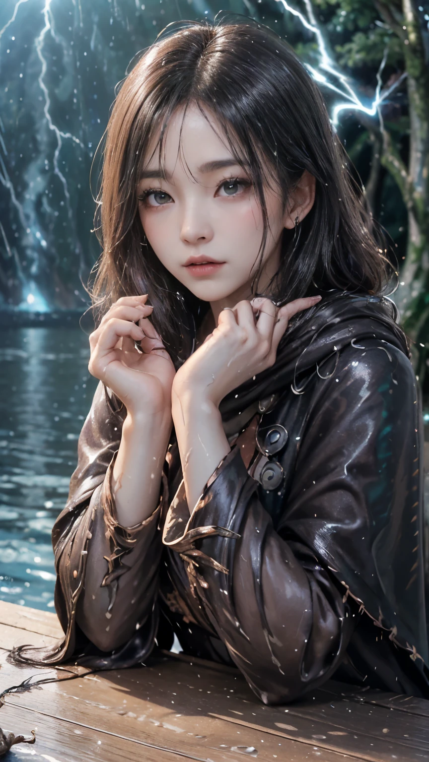 (skin dents:1.5), realistic, realistic, (table top:1.5), concept art, intricate details, very detailed, realistic, octane rendering, 8k, unreal engine, dynamic pose, highest quality, High resolution, (realistic face:1.1), (Ultra-realistic:1.1), ((full_body)), perfect eyes,(shiny skin:1.2), (((hairstyle))), (((Very detailed background of perfect hands), haunted island, ((dynamic background)), ((lightning)), (light), (1 girl), wearing a cloak, (((flowing cloak))), ((fine eyes, high quality eyes, high quality face)), long hair, (((flowing hairstyle))), 1 girl ((Control the water)), (((whirlwind of water))), Ocean, tsunami, magic, (create a dramatic, Depth of the bounds written, Bokeh, 4k, gothic, ((rain)), energy ball between hands