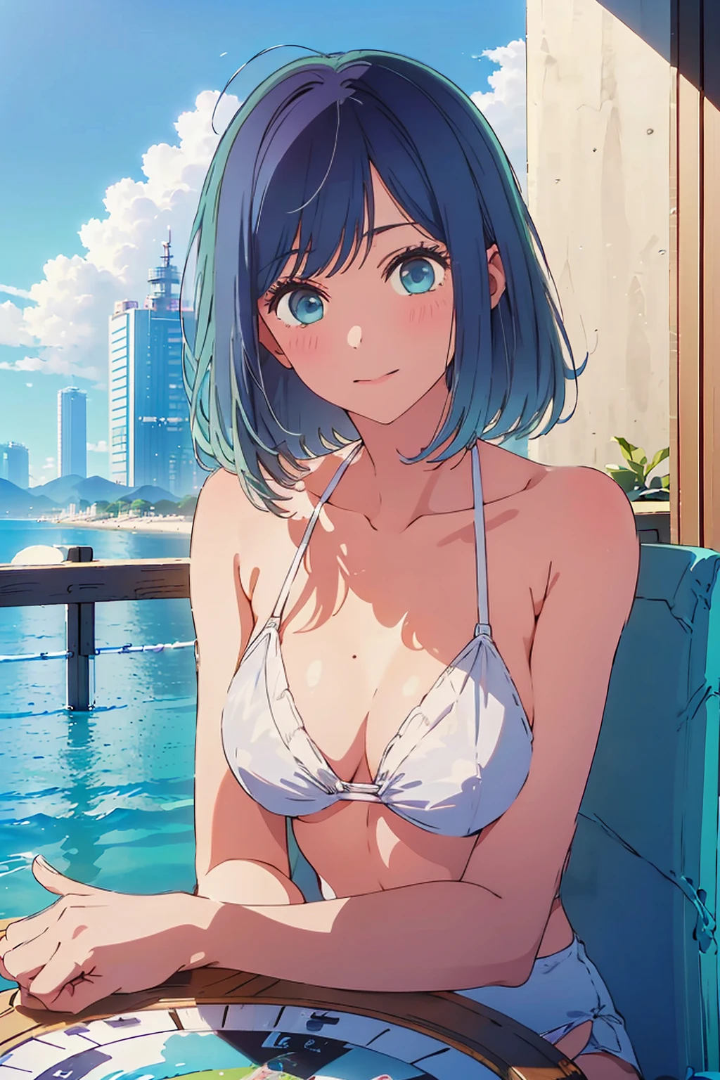 Highest quality,8k,detailed,F cup bust、Big Breasts、Slim and beautiful arms、Slim body、Very white beautiful skin、((((1 person、smile、Swimwear、She is wearing a white side-string high-leg bikini、smile、sit、Leaning back in a chair、In the background are the urban buildings of Tokyo、Outdoor café terrace、Drink juice、coastal、table、looking at the camera、Shooting from a distance、Navy hair color、Cheek resting on hand、Very cute face))))、Sexy pose、Very blue sky、A completely cloudless sky、She tilted her head slightly、The atmosphere is bright and lively、The woman is at the center of the image。