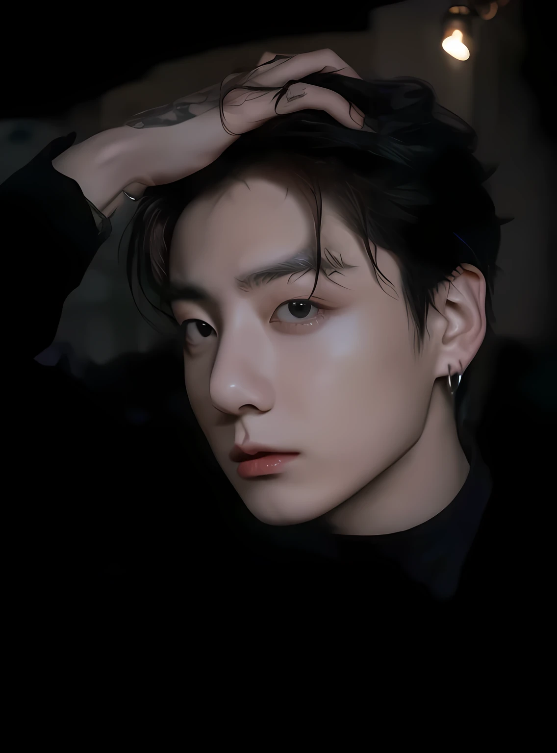 chico, jungkook, realista ,obra maestra, mejor calidad, serious expression, cara seria, chico, hombre coreano, high resolution, retrato, foto_luz, pelo oscuro, pelo negro, escena oscura