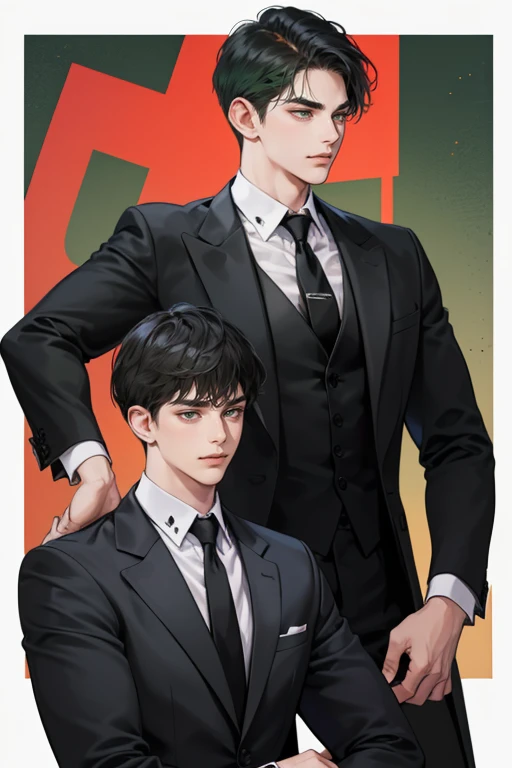 ((a young man in a black suit and tie)), taken in the early 2020s, gotham, alejandro, he looks very sophisticated, (((left side swept bang black short hair))), (dark green eyes and thick eyebrows), smirk. ((20 years old)), ((Black suite and black tie)), masterpiece, posture dynamic, one person